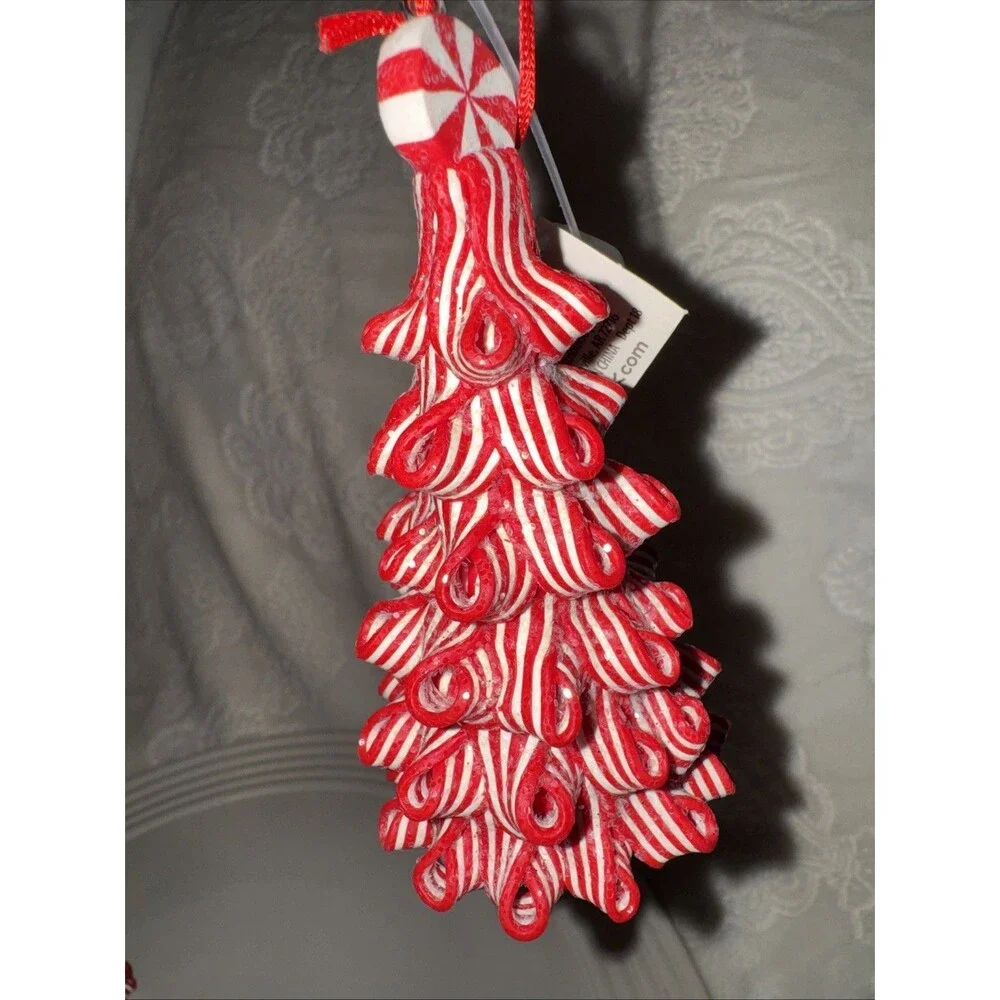 3 Christmas Ribbon Peppermint Tree Ornament Candy Cane Striped  Red White 4”